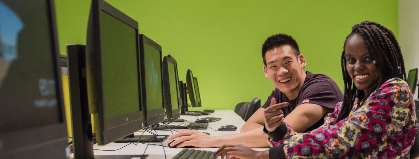 Female and male in computer room