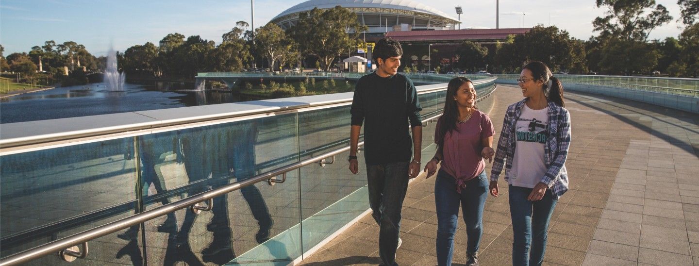 Group walking and smiling together